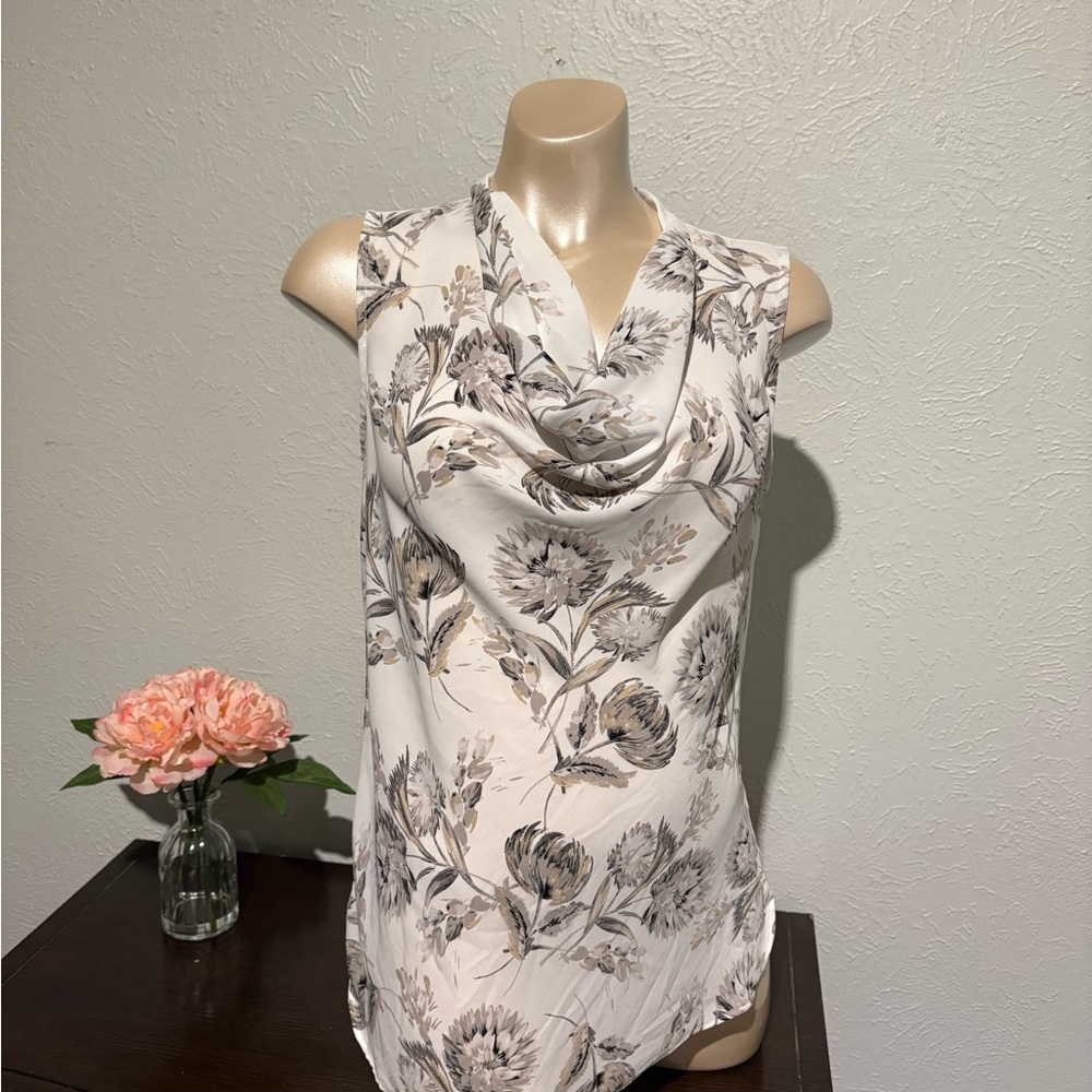 Ann Taylor Factory Floral Cowl Neck Blouse - White and Gray